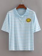 Romwe Blue Stripe Smiley Face Patch Polo T-shirt
