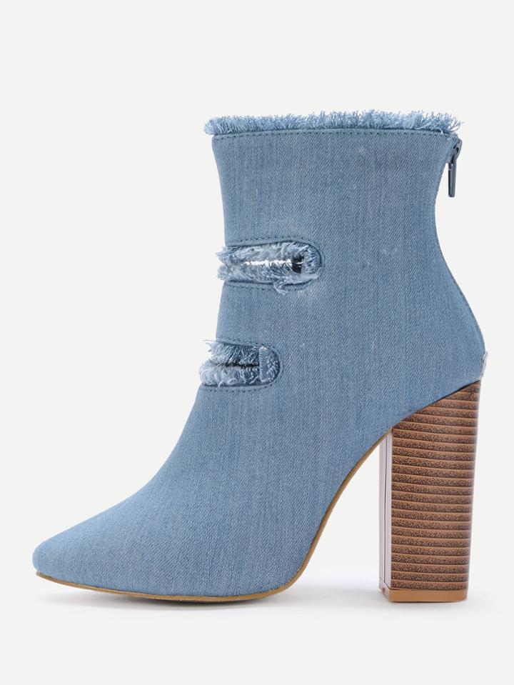 Romwe Cork Heeled Denim Ankle Boots