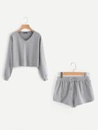 Romwe Dropped Shoulder Heathered Pullover And Dolphin Hem Shorts Set