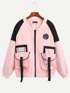 Romwe Pink Print Contrast Raglan Sleeve Patches Packets Jacket