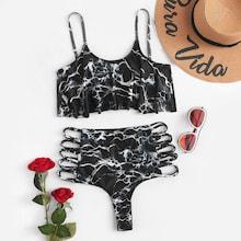 Romwe Ladder Cut-out Marble Print Flounce Bikini Set