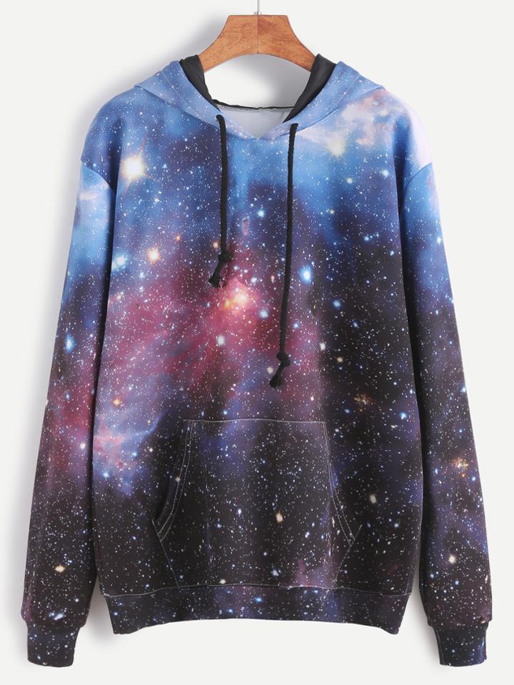 Romwe Galaxy Print Drawstring Hooded Pocket Sweatshirt