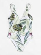 Romwe Plunging Neck Open Back Tropical Print Swimsuit