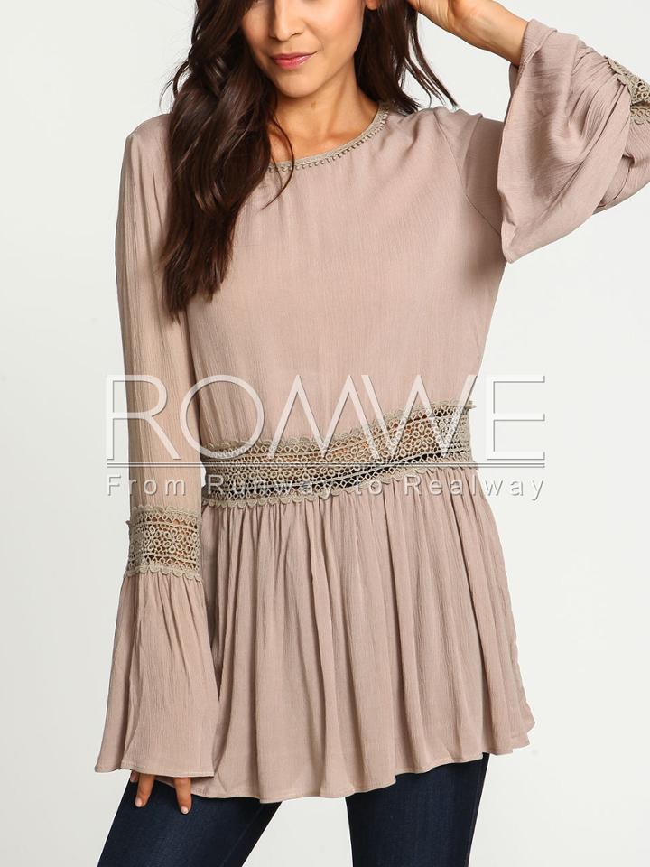 Romwe Khaki Long Sleeve Hollow Blouse