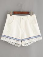 Romwe White Embroidered Tape Trimmed Ripped Denim Shorts