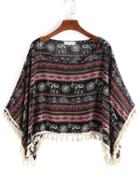 Romwe Aztec Print Fringe Black Red Shirt
