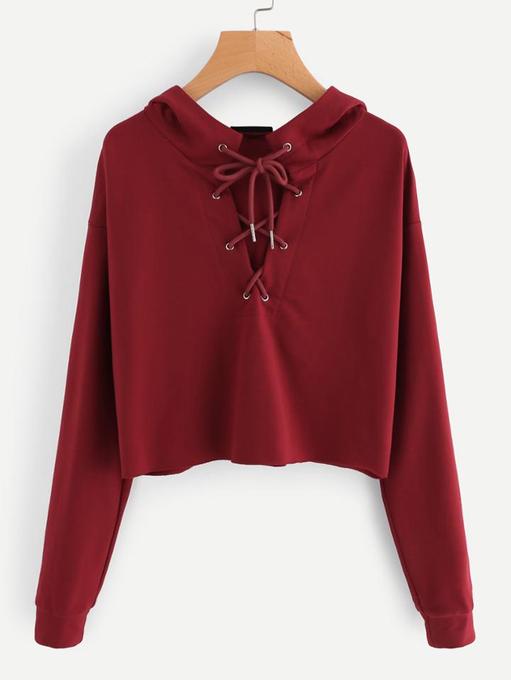 Romwe Lace Up Front Raw Hem Crop Hoodie