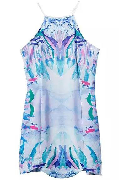 Romwe Blue Spaghetti Strap Floral Backless Dress