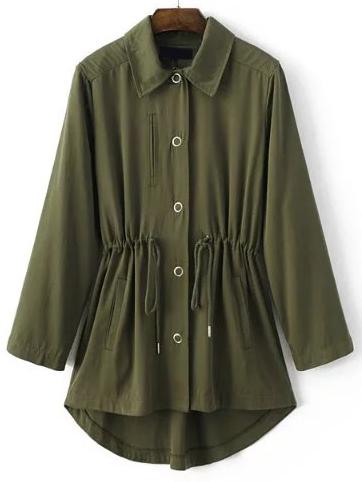 Romwe Army Green Embroidery Back Drawstring Dip Hem Coat