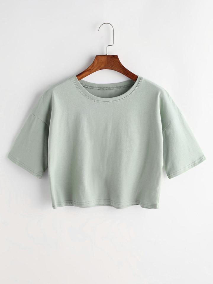 Romwe Green Drop Shoulder Crop T-shirt