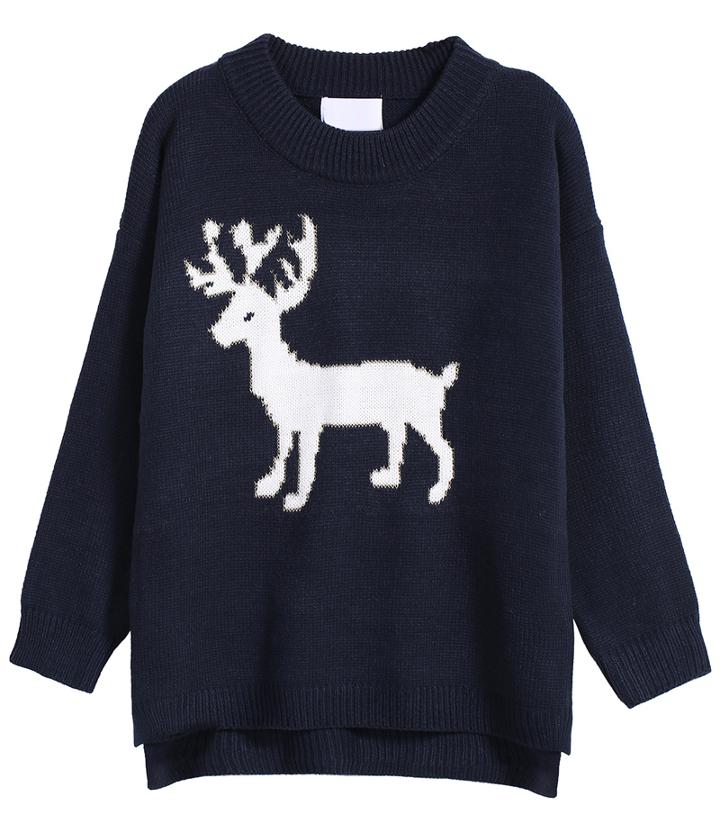 Romwe Deer Print Knit Navy Sweater