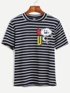 Romwe Navy Striped Embroidered Patch T-shirt
