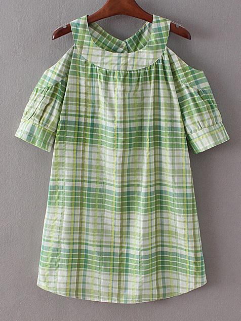 Romwe Green Cold Shoulder Checked Casual Blouse