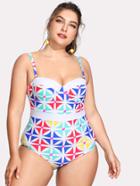 Romwe Knot Open Back Geo Print Swimsuit