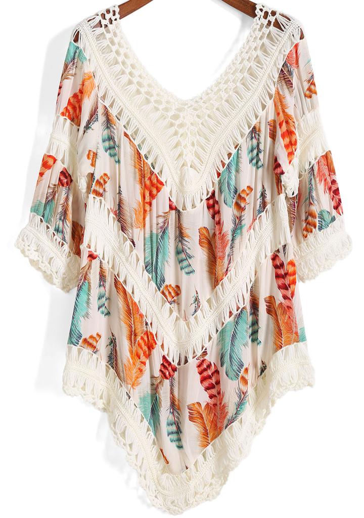 Romwe V Neck Crochet Hollow Leaves Print Orange Top