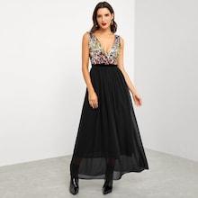 Romwe Contrast Sequin Bodice Dress