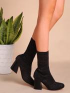 Romwe Black Faux Suede Mid Calf Almond Toe Chunky Boots
