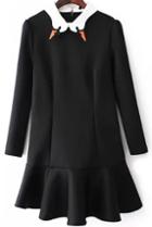 Romwe Swan Embroidered Collar Ruffle Black Dress