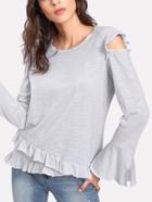Romwe Open Shoulder Heather Knit Ruffle T-shirt