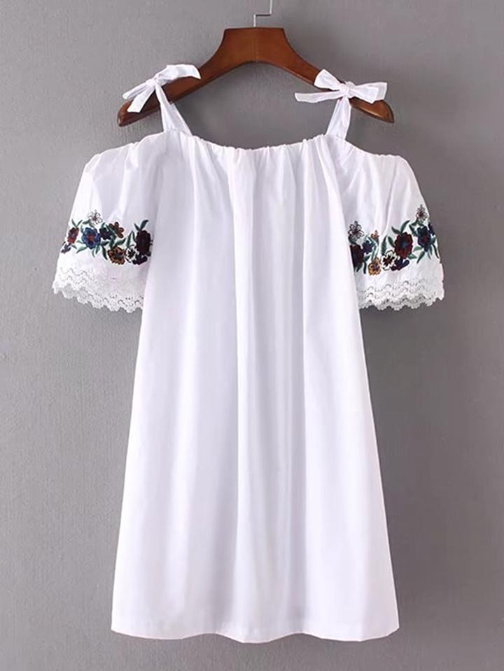 Romwe Cold Shoulder Embroidery Bow Tie Detail Dress