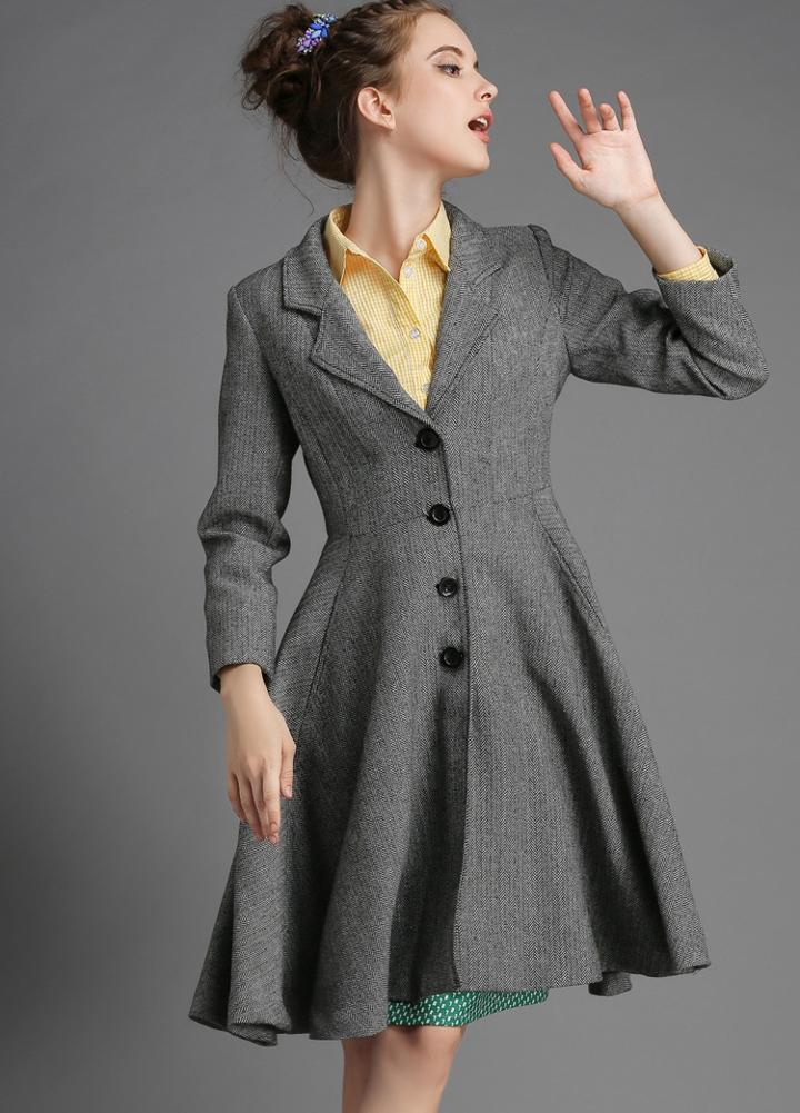 Romwe Grey Lapel Long Sleeve Buttons Slim Coat
