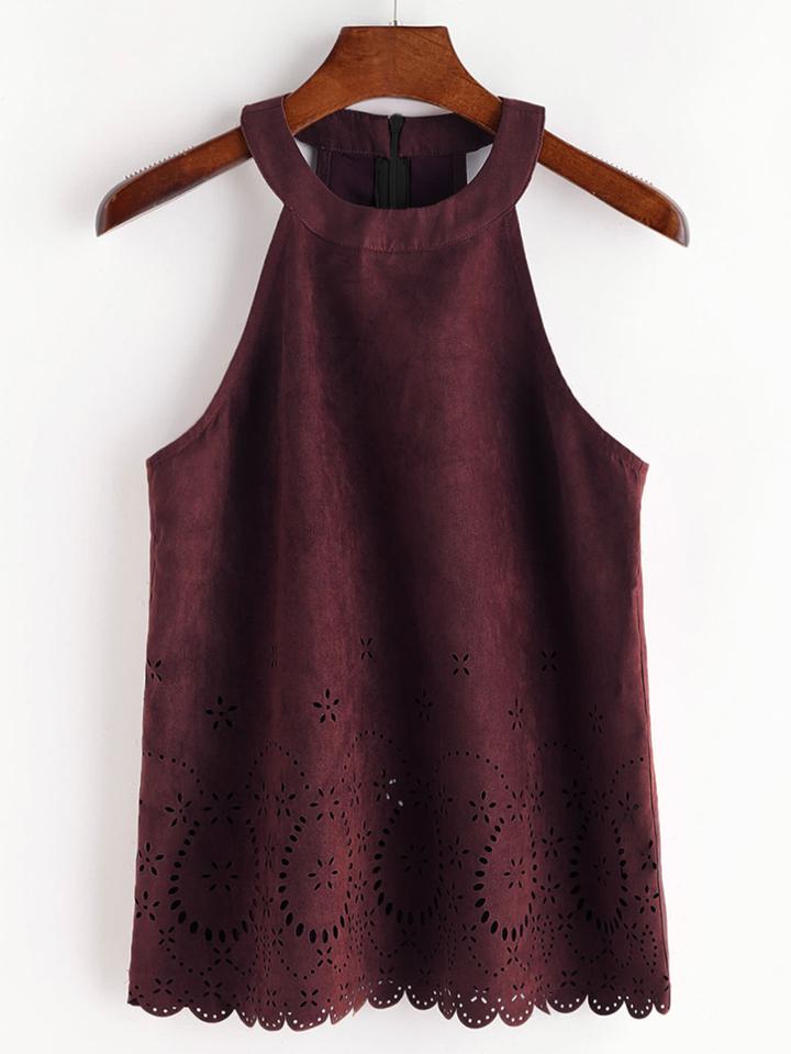 Romwe Laser Cut Suede Halter Neck Top