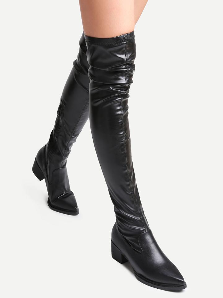 Romwe Black Faux Leather Point Toe Over The Knee Zipper Boots