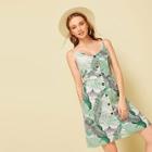 Romwe Tropical Print Button Front Cami Dress