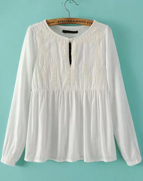 Romwe White Round Neck Embroidered Loose Blouse