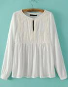 Romwe White Round Neck Embroidered Loose Blouse