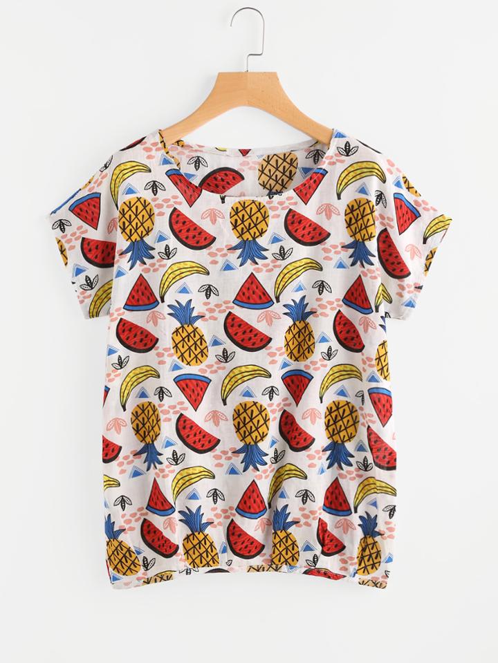 Romwe Allover Fruit And Bee Print Top