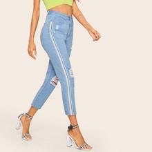 Romwe Ripped Detail Side Striped Tape Crop Jeans