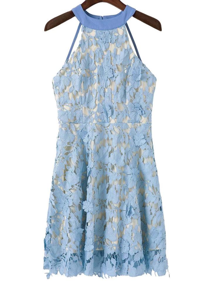 Romwe Blue Open Back Crochet Lace Overlay Dress
