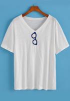 Romwe V Neck Glasses Embroidered White T-shirt