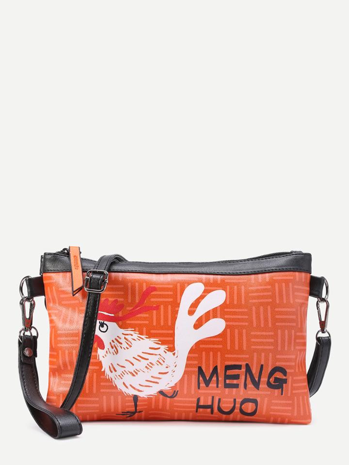 Romwe Cock Print Clutch Bag With Strap