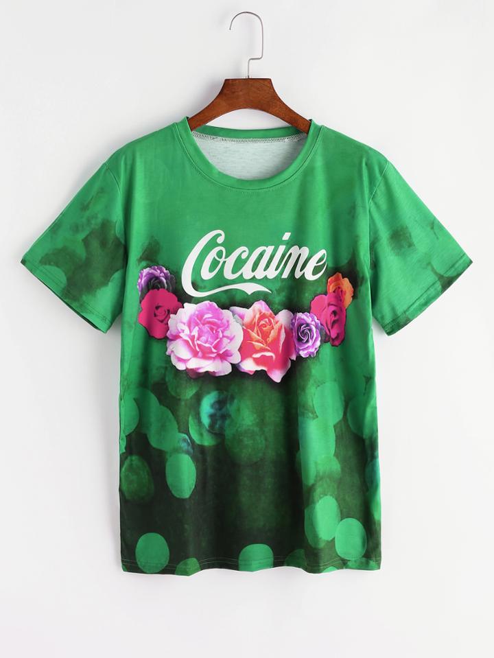 Romwe Green Letter And Floral Print T-shirt