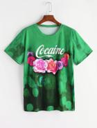 Romwe Green Letter And Floral Print T-shirt