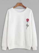 Romwe White Rose Print Dropped Shoulder Seam Sweatshirt