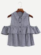 Romwe Plaid Open Shoulder Button Front Ruffle Blouse