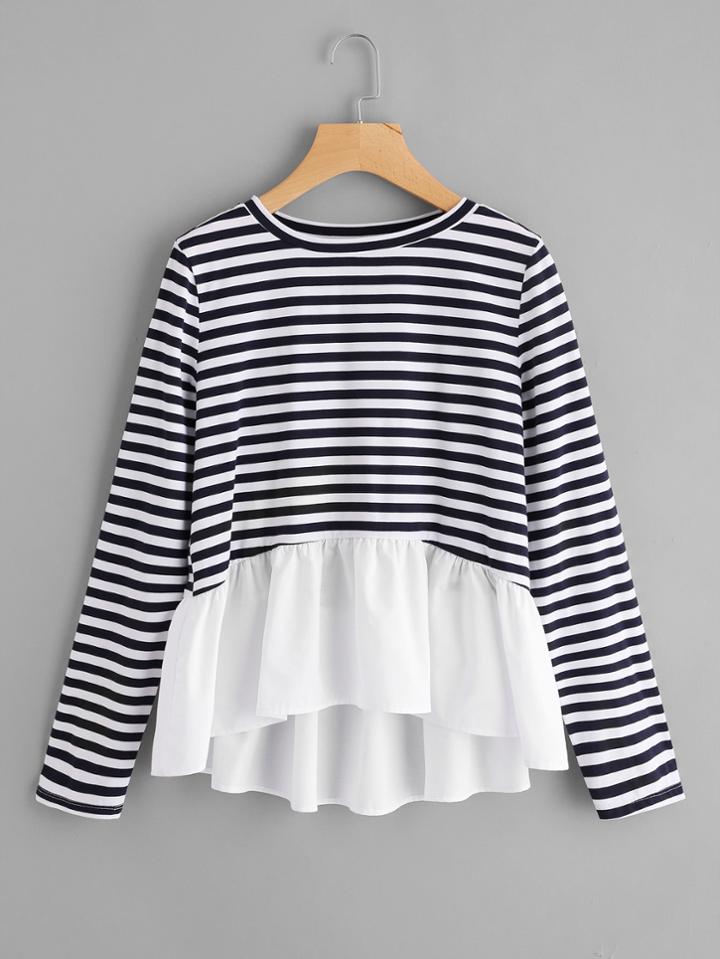 Romwe Contrast Ruffle Dip Hem Stripe Tee