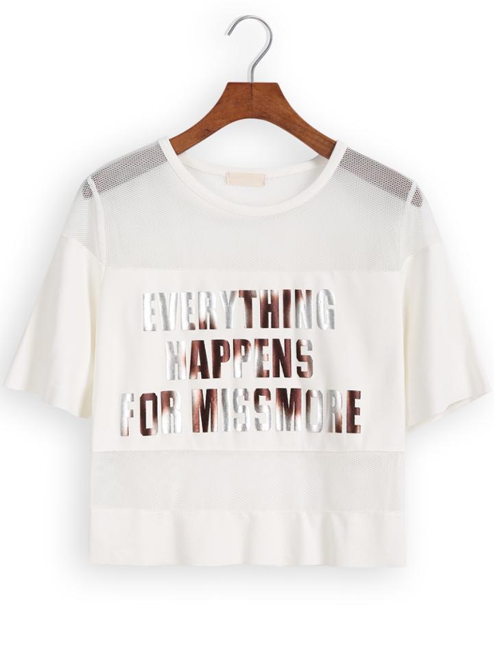 Romwe White Short Sleeve Sheer Mesh Letters Print T-shirt