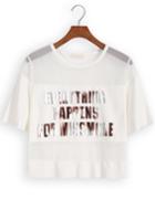 Romwe White Short Sleeve Sheer Mesh Letters Print T-shirt