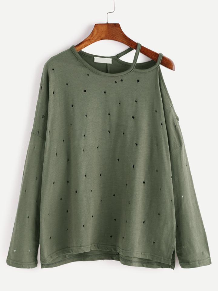 Romwe Army Green Asymmetric Cold Shoulder High Low Eyelet T-shirt