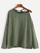 Romwe Army Green Asymmetric Cold Shoulder High Low Eyelet T-shirt