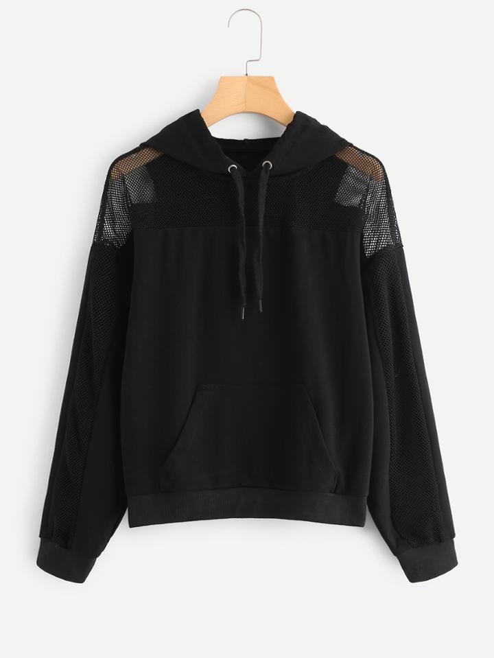Romwe Hollow Net Insert Kangaroo Pocket Hoodie