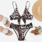 Romwe Leopard Tie Front Top With Ruched Bikini Set