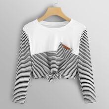 Romwe Striped Panel Knot Hem Contrast Pocket Tee