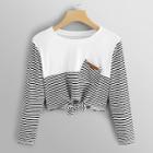 Romwe Striped Panel Knot Hem Contrast Pocket Tee