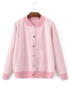 Romwe Pink Striped Knit Bomber Jacket With Buttons