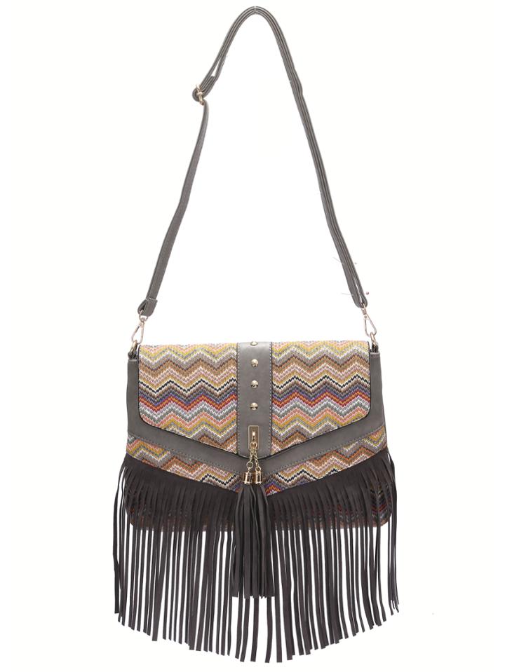 Romwe Grey Braided Fringe Pu Cross Body Bag